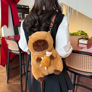 Capibara plush backpack - A light brown polyester fabric cute stuffed animal design specially for ladies and girls, with multiple compartments for phone wallets and keys, durable and soft, an ideal daily gift caybara peluche  capybara anime doll