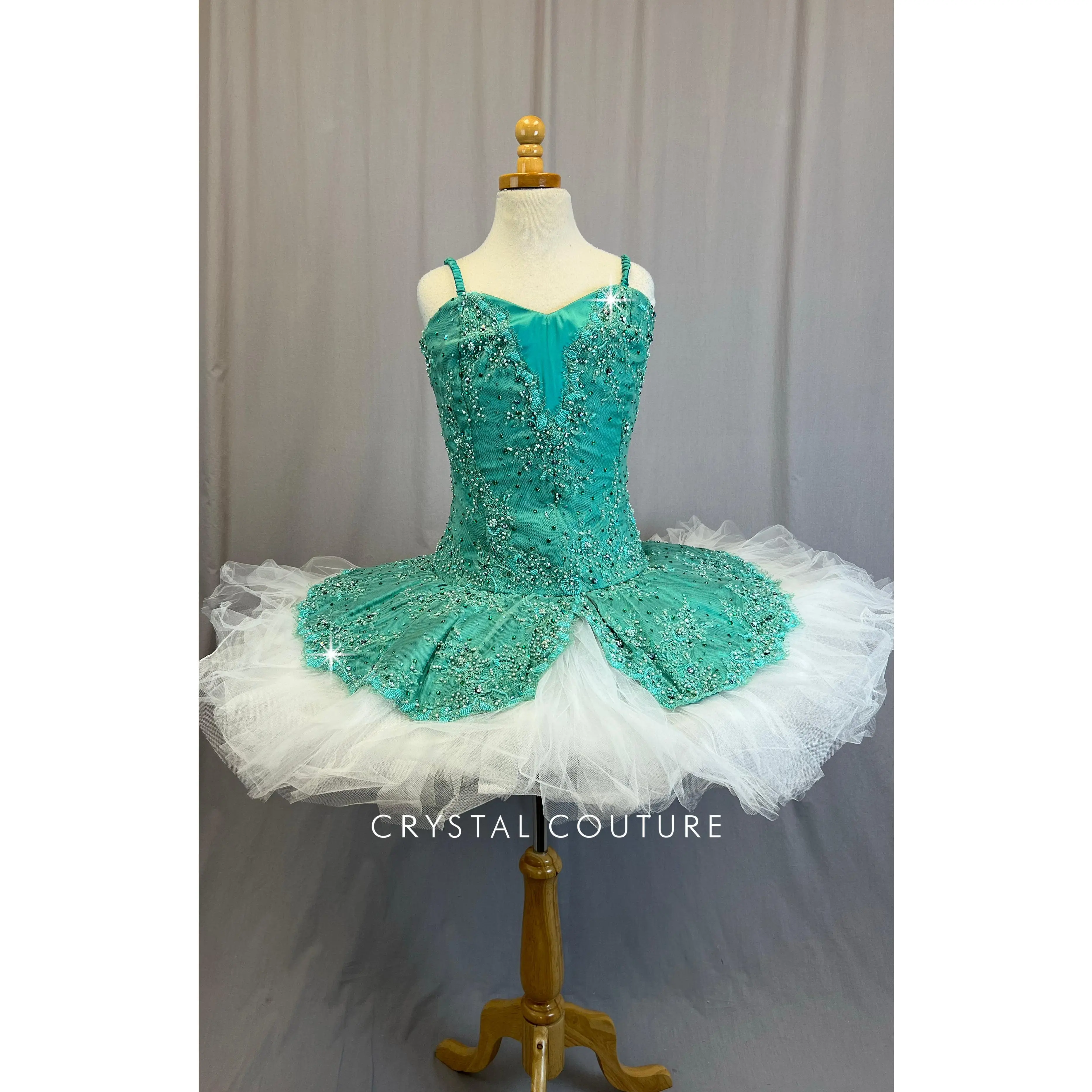 *Custom* Teal Lace and White Pancake Ballet Tutu - Rhinestones