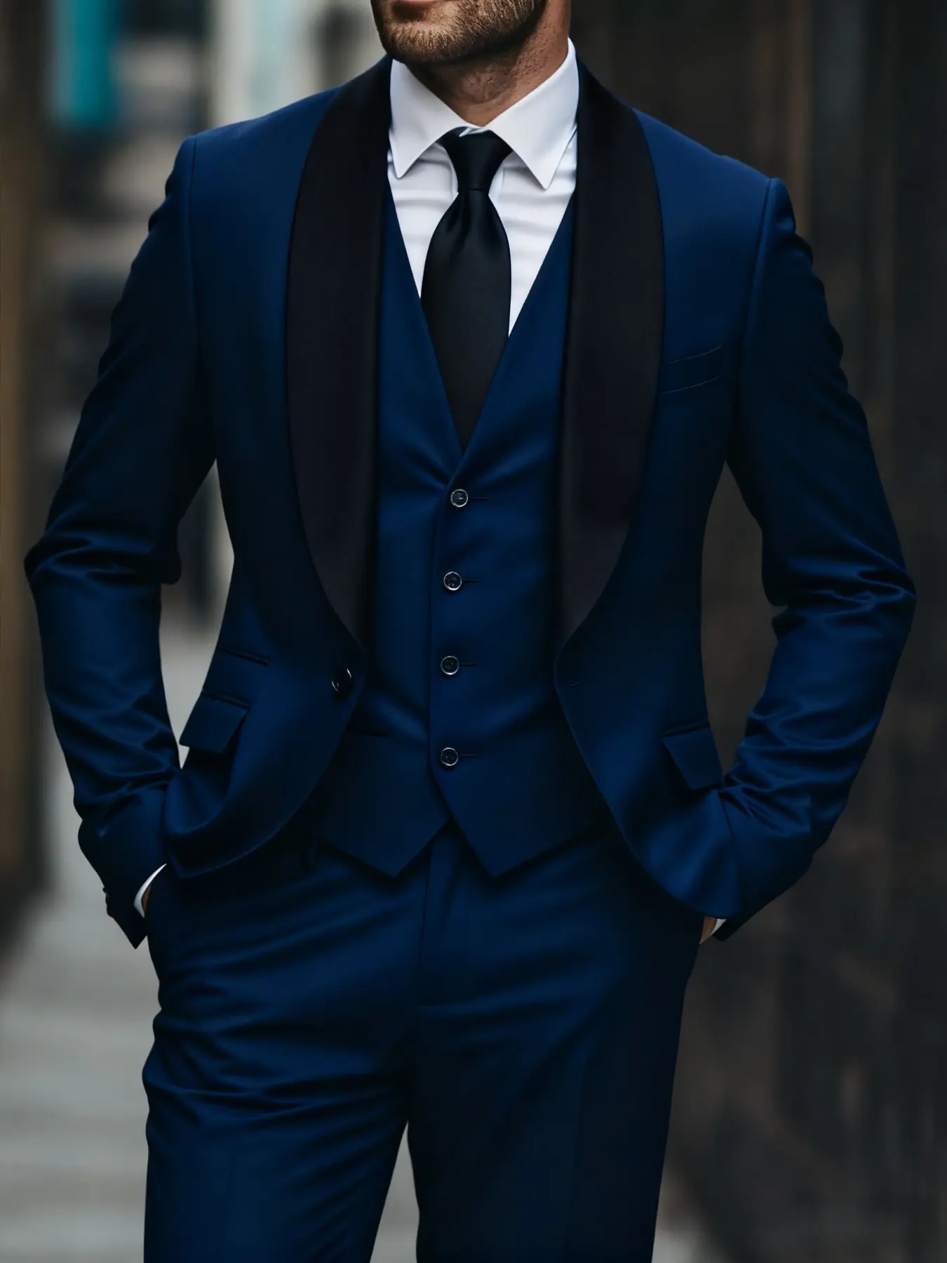 Men's 3pcs Slim-Fit Black Suit Set with Vest, Pants & Notched
