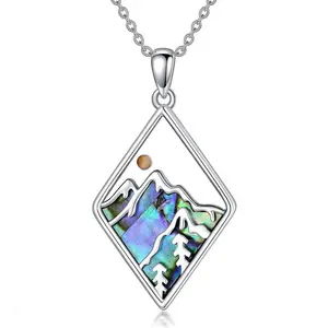 Diamond Frame Abalone Shell Mountain Sun Pendant Gold Necklace