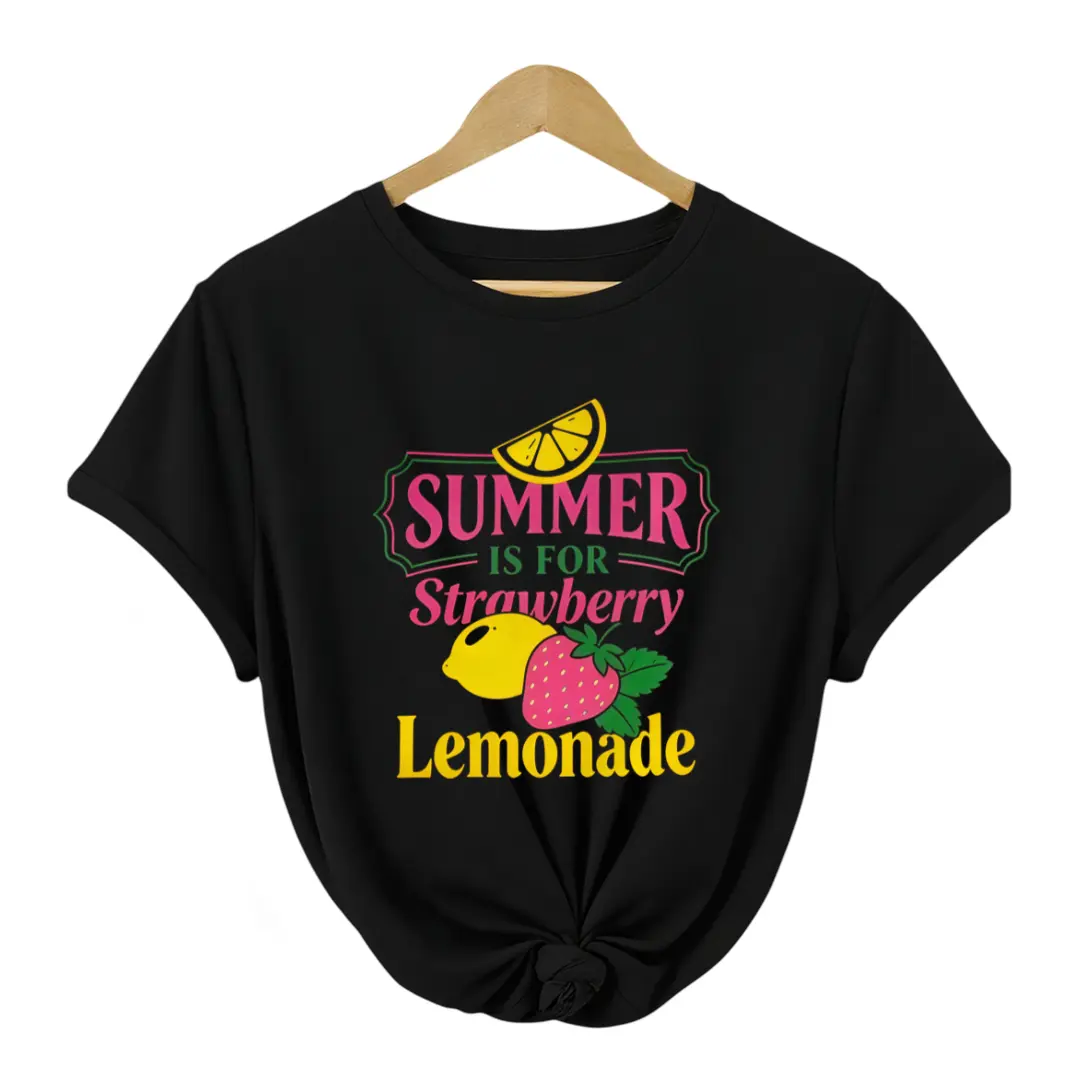 Women's Cotton Round Neck Casual Fit T-Shirt, Unisex Couples Wear with Strawberry Lemon Motifs & "SUMMER IS for Strawberry Lemonade" Print, Breathable for Beach Vacations & Trips
