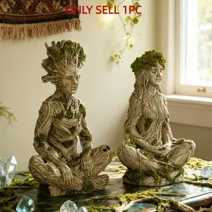 Zen Sitting Tree Fairy Resin Ornament, Garden Patio Decor, Natural Style Home Desktop Zen Landscape Craft, Indoor Outdoor Decoration, Garden Sculptures Statues