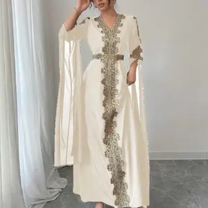 Cream Gold Kaftan Dress with Embroidered Details and Elegant Belt for Special Occasions small size