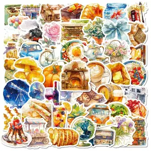 Watercolor Life Series Sticker, 50pcs/set Waterproof Decorative Sticker, DIY Creative Sticker for Phone Case, Laptop, Notebook, Helmet, Skateboard