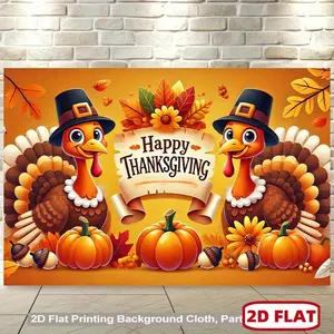 1pc 2D Flat Thanksgiving Turkey & Pumpkin Fall Harvest Wall Hanging Backdrop Banner with Happy Thanksgiving Lettering, Autumn Leaves & Pilgrim Turkeys - Vibrant Decor, Office, Party - Easy-to-H