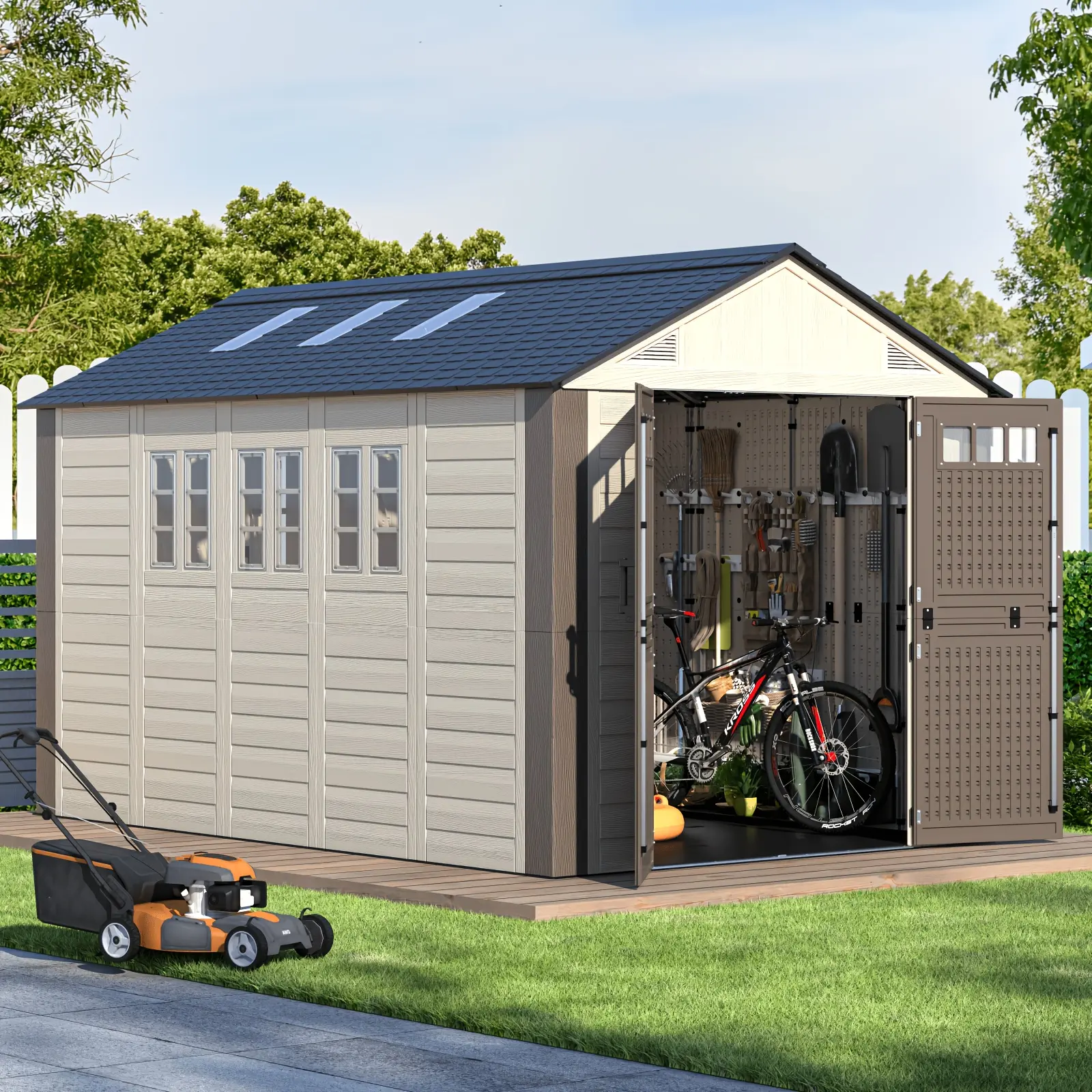 8X 6ft & 8 X 8ft & 8 X 10ft & 8 X 12ft Plastic Outdoor Storage Shed with Floor, Resin Tool Shed for Outdoor Use with Window & Lockable Door, Ideal for Garden & Backyard Tool Storage, Easy to Assemble, Khaki