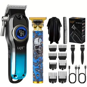 LQT Blue Gradient Skull Graffiti 2-in-1 Men's Grooming Kit, Cordless Hair Clipper with LED Display, Gold T-Blade Trimmer, Complete Rechargeable Barber Set for Salon & Home DIY Fades, Edges & Beard Styling