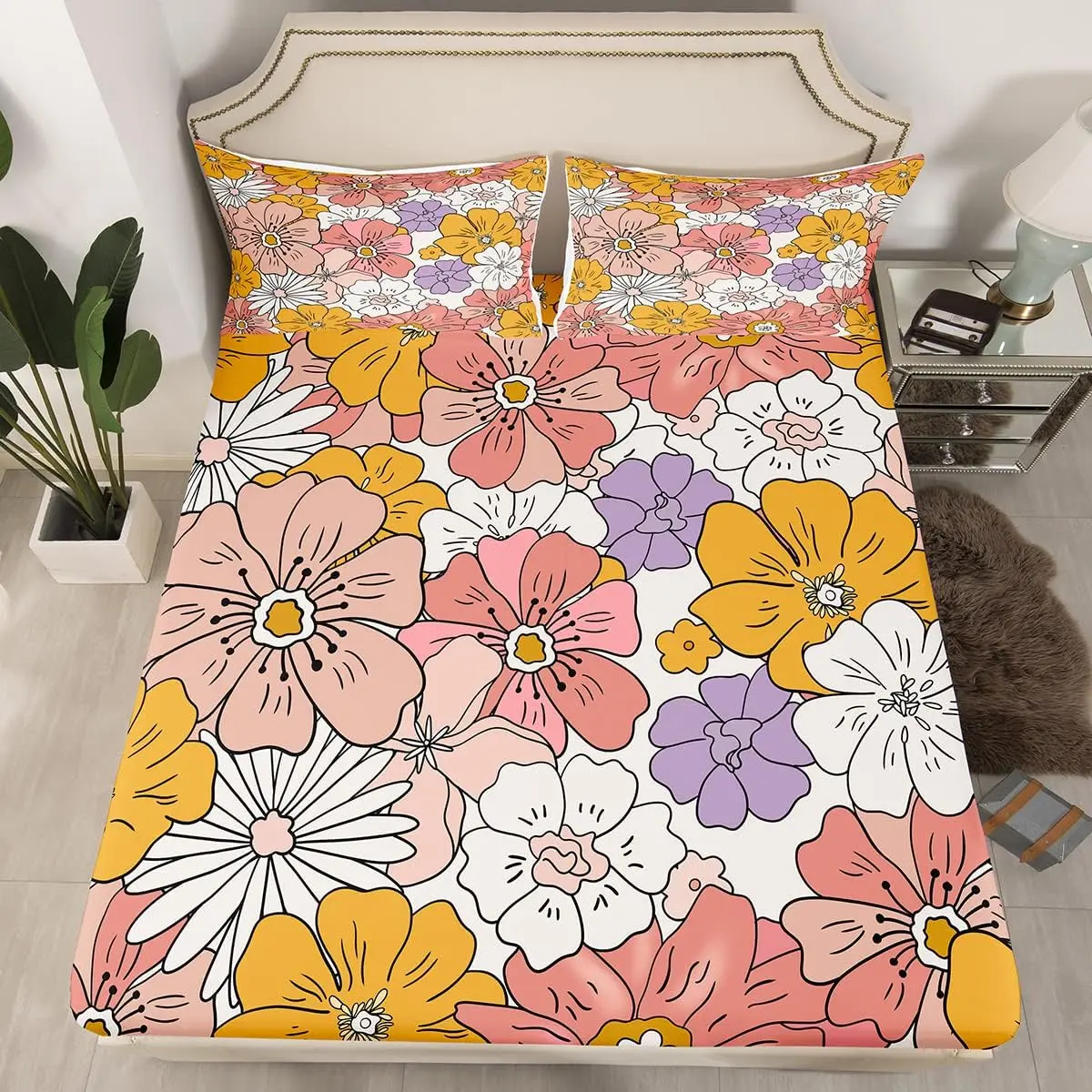 Feelyou Boho Fitted Sheet Set - Artistic, Chemical-Free, Comfortable Bed Sheets, Deep Pocket, Elastic Fit, 60s-80s Retro Floral Print, Bed Cover Included, Vintage Chic Hippie Pink Purple Yellow Room Decor, Artistic Fitted Sheets