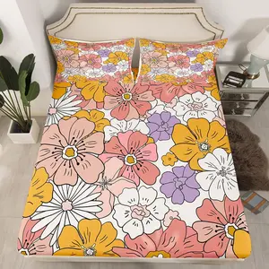 Feelyou Boho Fitted Sheet Set - Decorative Bedsheet Sets, Deep Pocket, Elastic Fit, 60s-80s Retro Floral Print, Bed Cover Included, Vintage Boho Chic Hippie Pink Purple Yellow Design for Room Decor
