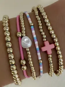 Bohemian Style Cross Beaded Bracelet Set, Handmade Multi-Layered Stackable Bangles, 6-Piece Jewelry Collection