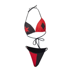 Harley Joker Cosplay Costume Quinn Red and Black Swimsuit Sexy Bikini Lingerie Costume Women Girls Two Piece Swimwear Outfits Halloween Suit