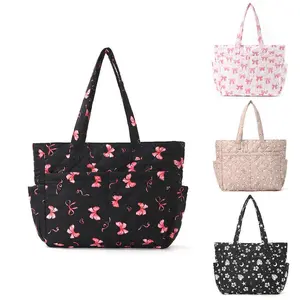 Quilted Floral Shoulder Bag for Women, Large Capacity Puffer Tote with Multiple Pockets, Soft Lightweight Cotton Padded Underarm Handbag for Travel, Shopping, Weekend Trips & Daily Use