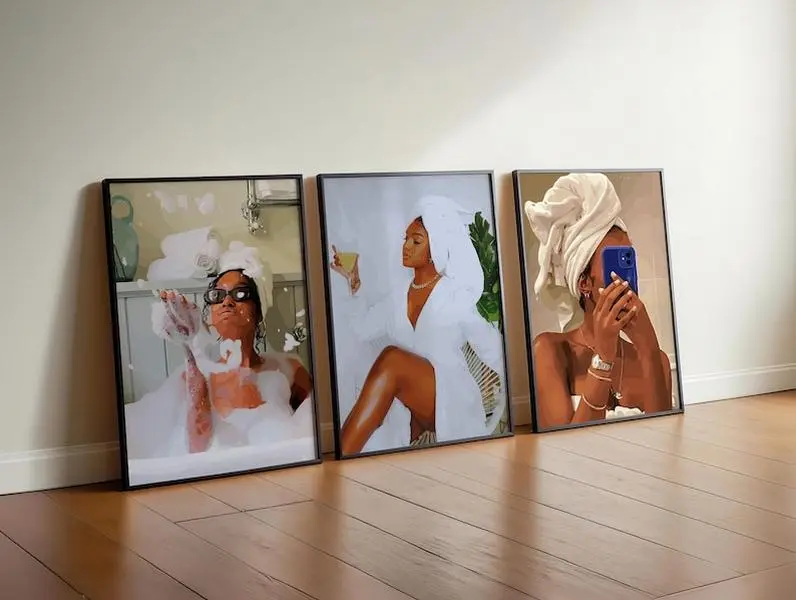 (Set of 3) Black Woman Affirmation Art Set: Dopamine Bathroom Prints #98976211