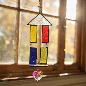 Stained Glass House Ornament-Handmade Stained Glass Sun Catcher - Window Hanging Decor -day,new,year birthday gift- Geometric Glass Art - Unique Housewarming Gift - Fast US Shipping