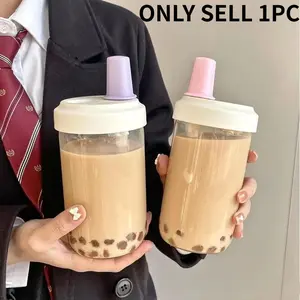 Milk Tea Straw Cup, 1 Count Portable Travel Heat-resistant Plastic Water Cup with Straw, Drinking Cup for Home Office School, Bottles