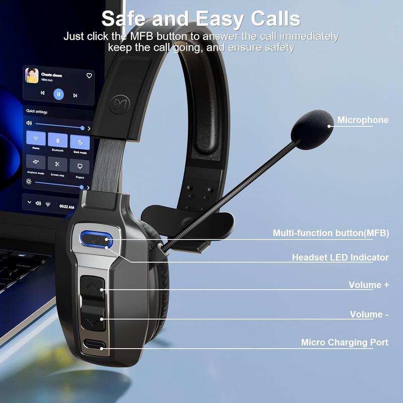 Trucker Bluetooth Headset with AI Noise Cancellation Microphone, Trucker Headset with 65Hrs Talk Time & Mute Button, Multipoint Connection, Bluetooth Headsets Fit for Truck Drivers/Cell Phones