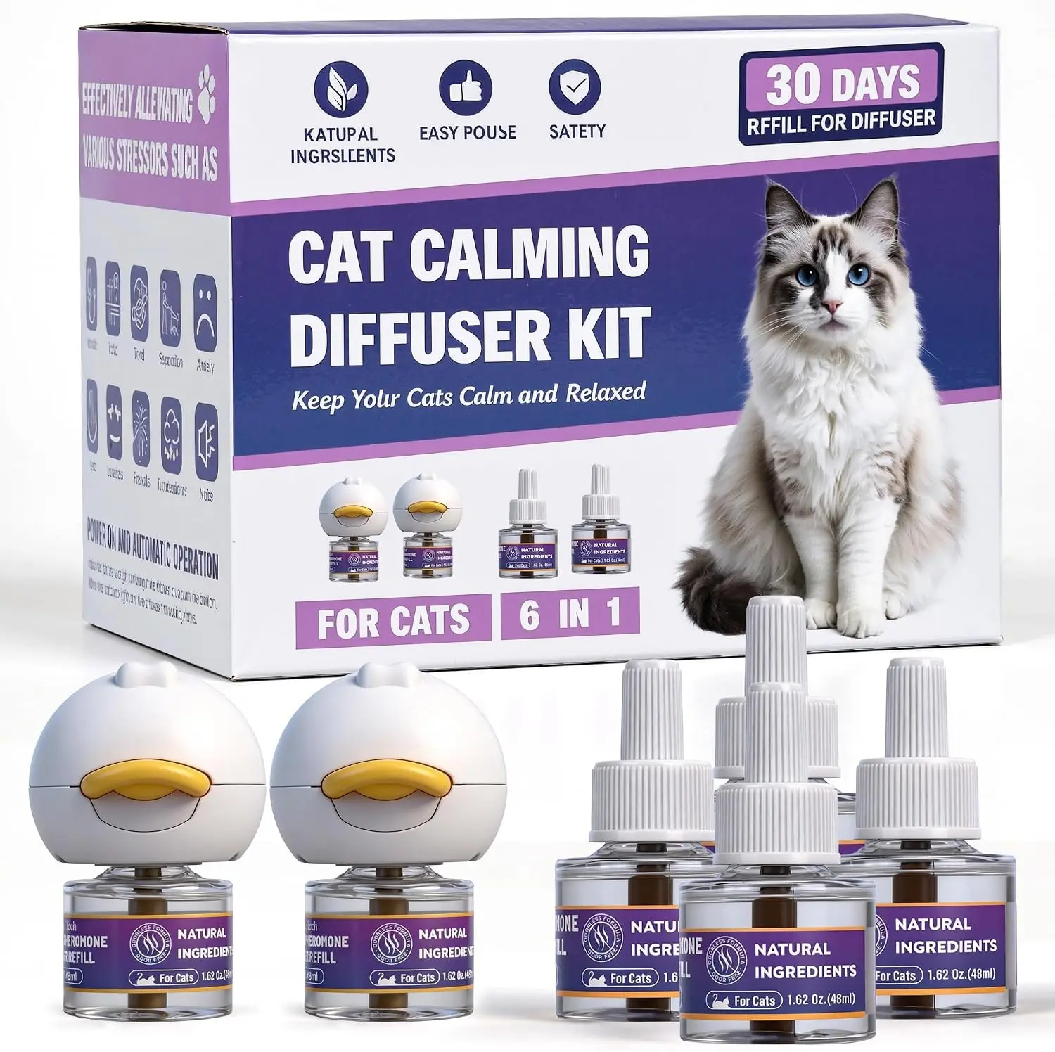 Cat Calming Pheromone Diffuser, Cat Anxiety Relief Diffuser Plug in Calmer with 2 Diffusers & 4 Refills, Reduce Cat Anxiety, Cat Fighting, Urine Marking, Scratching & Stress 48ml/Bottle for All Cats