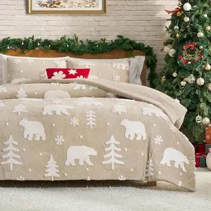 Christmas Comforter Set Queen, Christmas Bedding Set with Bear, Beige Fleece Plush Comforter for Winter, 3 Pieces, 1 Soft Comforter and 2 Pillowcases