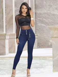 Jean Colombiano Azul Oscuro Levanta Cola High Waist 5 Botones con Bolsillos – Premium Stretch | Curva Latina USA – Ref CATALA