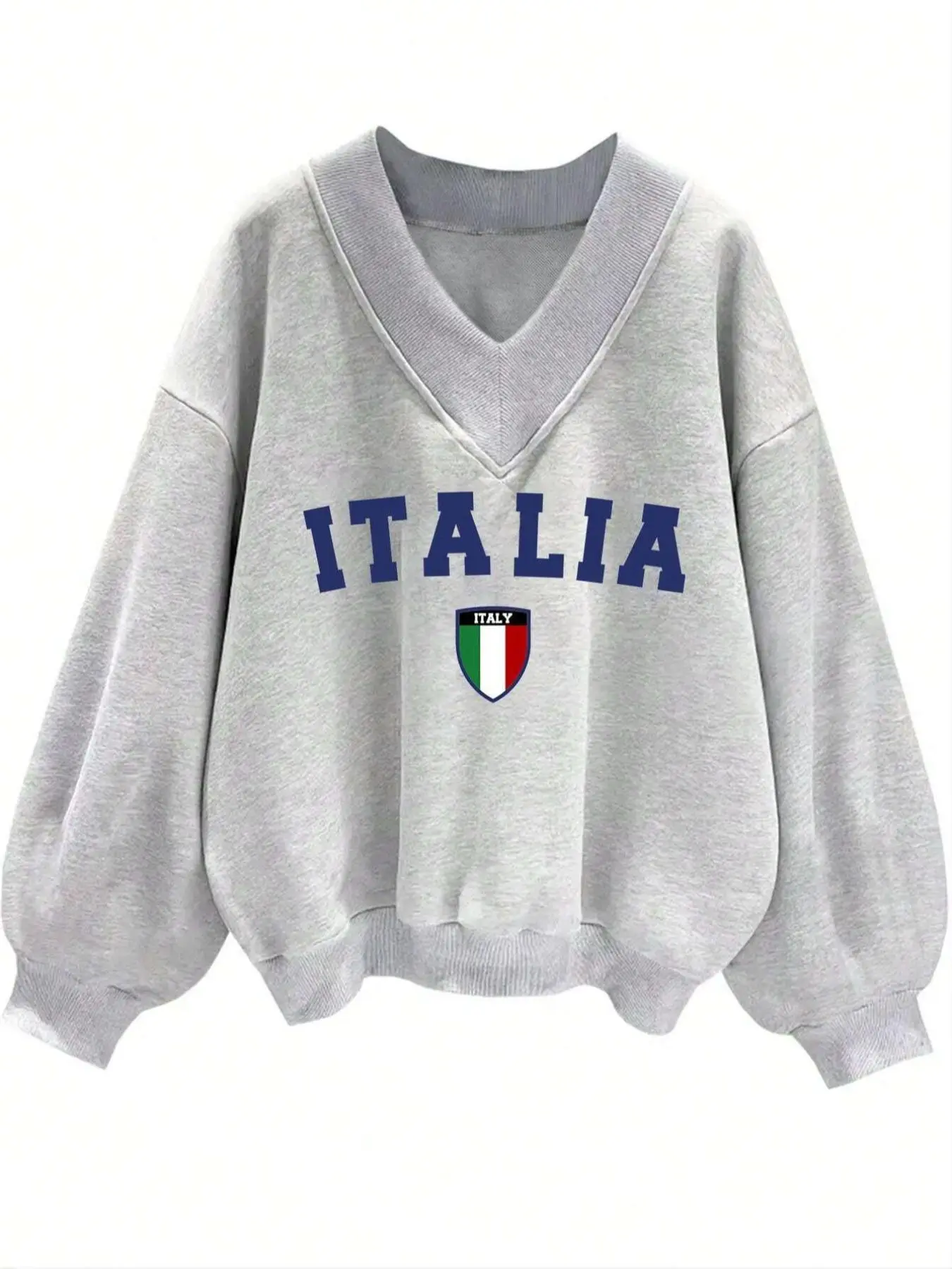 Women's Italy Flag Print V-Neck Graphic Pullover Sweatshirt, Fashion Sweatshirt, Casual Long Sleeve Jumper for Fall & Winter, Women's Knitwear for Daily Wear, Hoodie, Lady, Womenswear