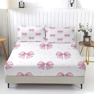 Pink bow bed sheet with comfortable printed pattern, including 1 bed sheet and 2 pillowcases, comfortable bedding, anti slip dust cover suitable for bedrooms and guest rooms, suitable for adult bedroom and guest room decoration gifts, Bed Sheets Set