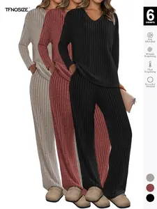 Women's Ribbed Knit 2-Piece Loungewear Set, V-Neck Oversized Long Sleeve Top, Wide-Leg Pants with Pockets, Soft Cozy Casual