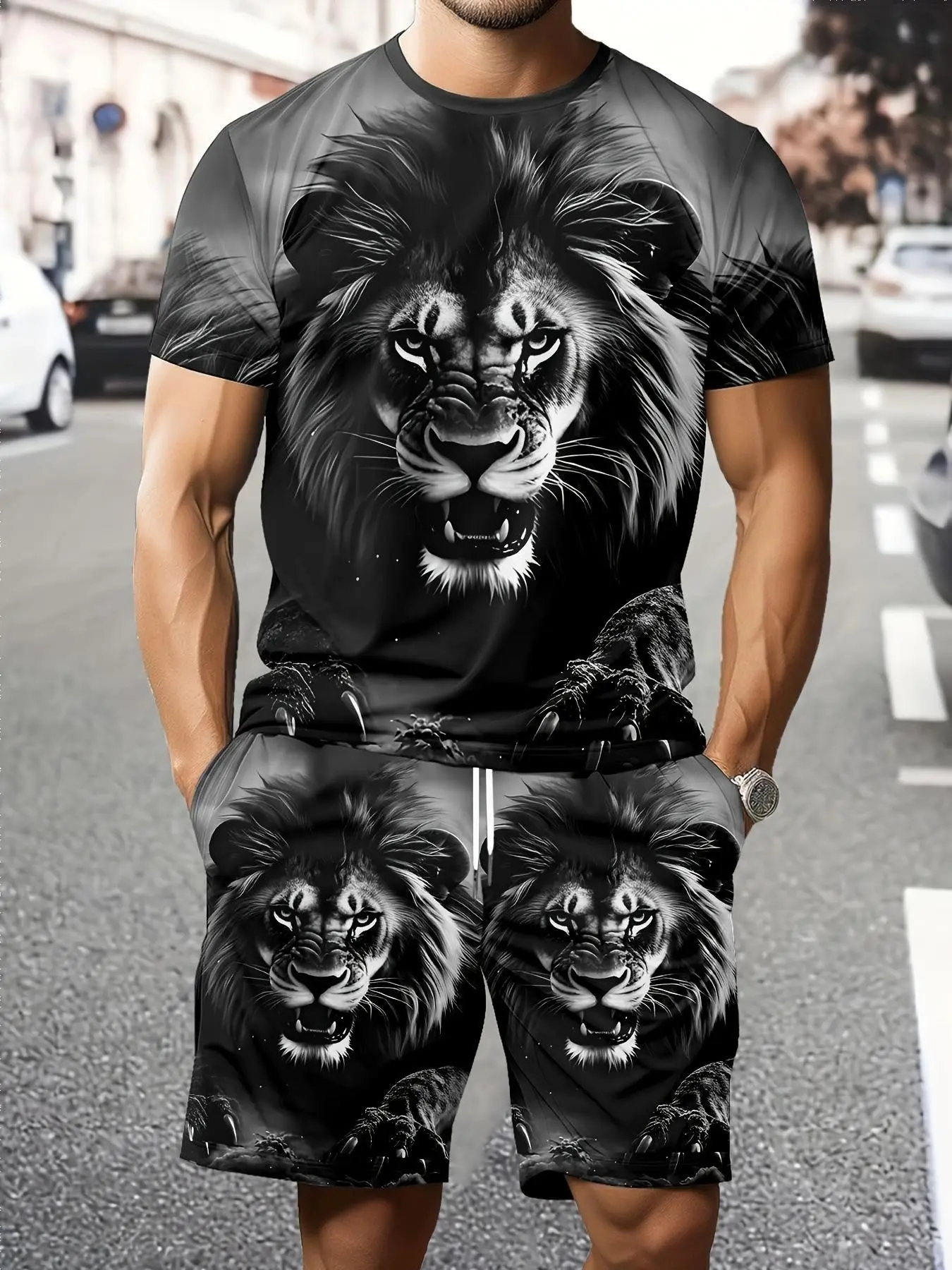 Men's Lion Print Short Sleeve T-Shirt, Casual Fashion Set, Summer Trendy Gym Shorts Top Two Piece Set
