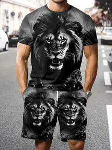 Men's Lion Print Short Sleeve T-Shirt, Casual Fashion Set, Summer Trendy Gym Shorts Top Two Piece Set