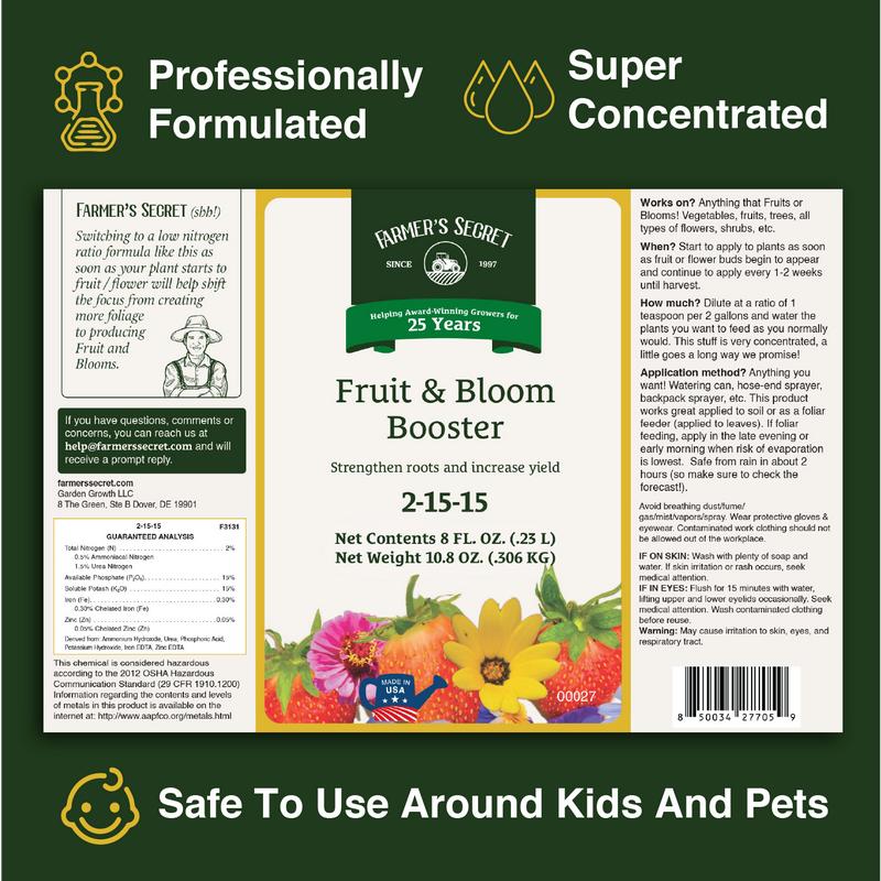 Farmer’s Secret Fruit & Bloom Booster Fertilizer (32oz) - Super Concentrated - Increases Flowering and Yield on All Varieties of Fruits, Vegetables and Flowers