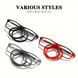 GIGULA 4-Pair Magnetic Reading Glasses with Necklace - Anti-Blue Light Rectangular Frame, Lightweight Reading Glasses for Men Women, Portable Fashion Glasses with 3 Color Options (Black/Red/Transparent), Durable Modern Style