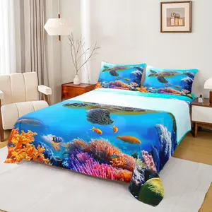 Sea Turtle Sheet Set,Fish Ocean Animal Bedding Room Decor,Marine Mediterranean Style Sea Blue Bed Sheet,Deep Pocket Fitted Sheet + Flat Sheet
