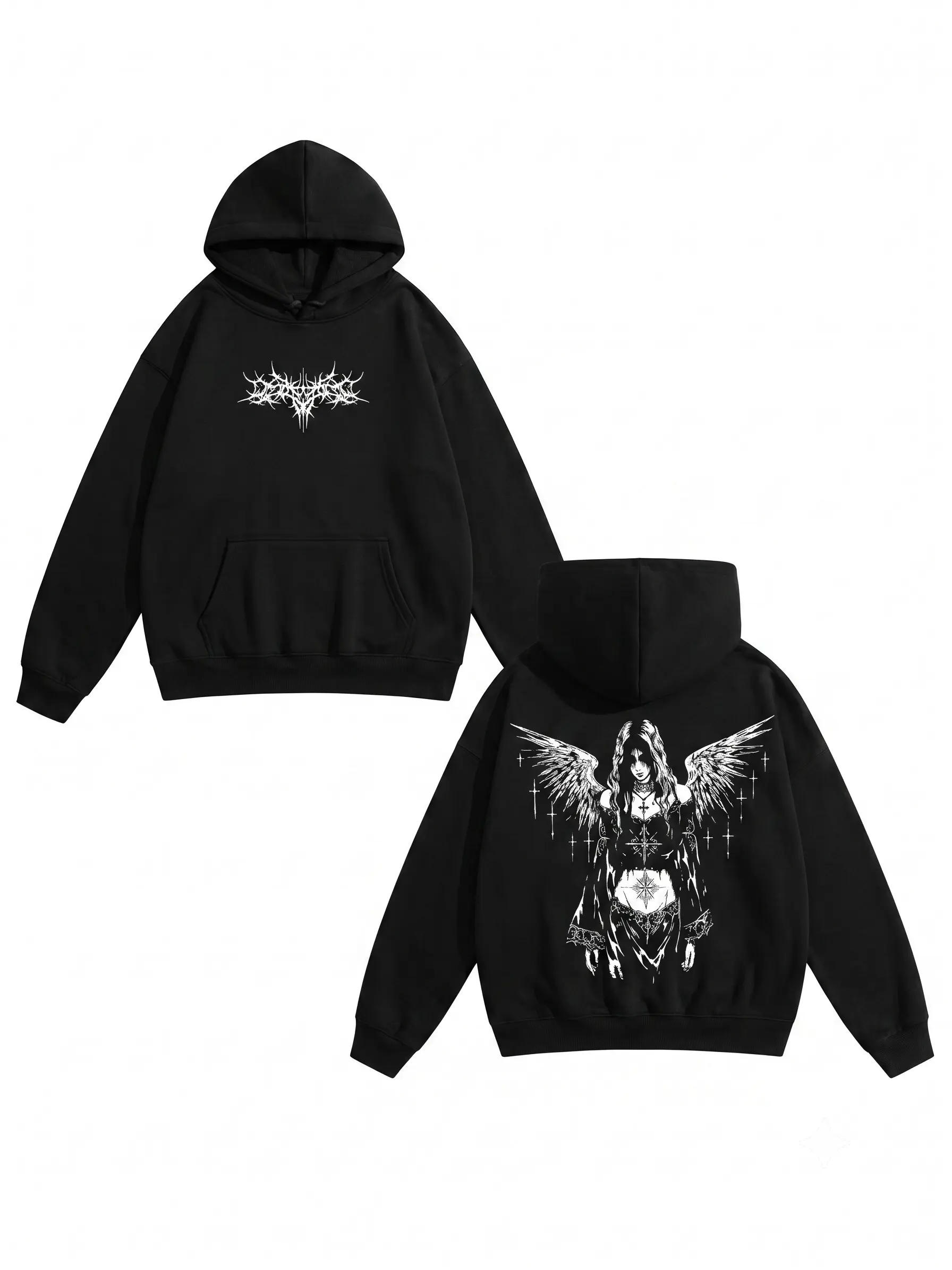 Men's Gothic Sad Angel Washed Fabric Hoodie - Dark Aesthetic Y2K Streetwear, Oversized Vintage Menswear Gym Top