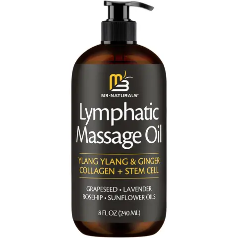 M3 Naturals Ylang Ylang + Ginger Vegan Floral Lymphatic Drainage Massage Oil - 8oz Smooth Lightweight Daily Oil with Collagen, Stem Cells for Circulation, Detox, Cellulite Removal, Muscle Relief, Skin Firming, Calming Nourishment, Blend
