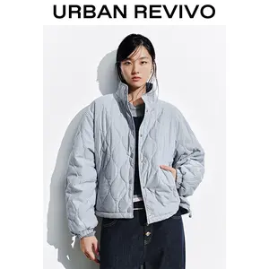 URBAN REVIVO Lady's Basic Fitted High-Neck Long Sleeve Button-Up Padded Outerwear - Breathable Fabric, Comfortable, Adjustable, Minimalist Style Elegance Cold Weather Coat