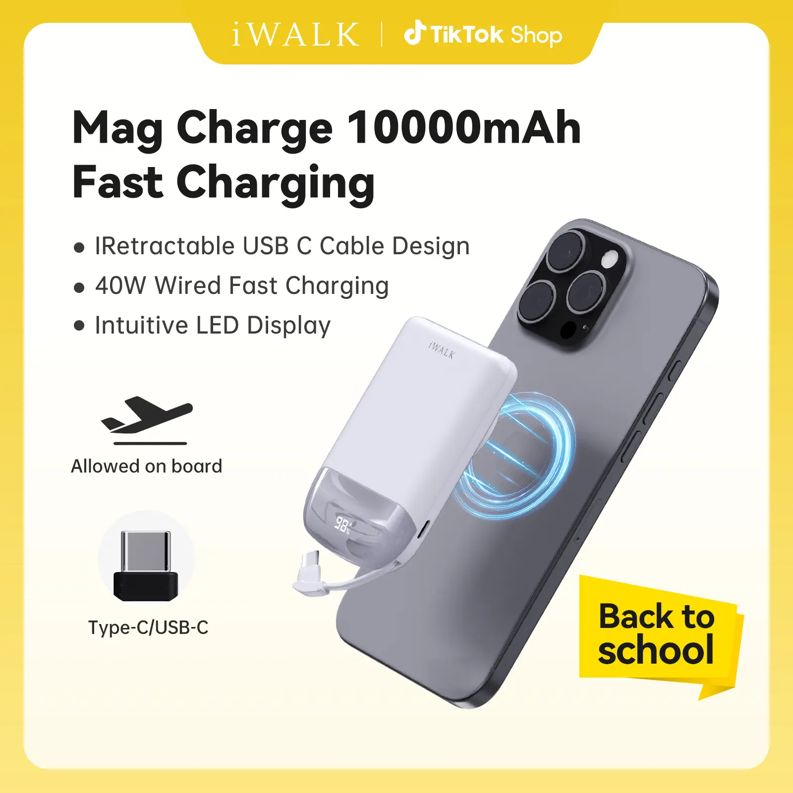 iWALK 10000mAh Magnetic Mini Portable Fast Charging Power Bank - 40W, Built-in USB-C Cable, 2 Ports, 1-Hand Grip, EDC Gear for iPhone 17/16/15, Samsung S25/24, AirPods, Mobile/Smartphone Devices (Black)
