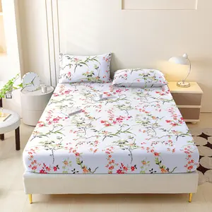 SoftHaven Home Made in USA Red Flower & Green Leaf 3-Piece Bedding Set, Soft Skin-Friendly Fitted Sheet & Pillowcases, Reusable Washable Polyester Bedding with Snug Fit for All Mattresses