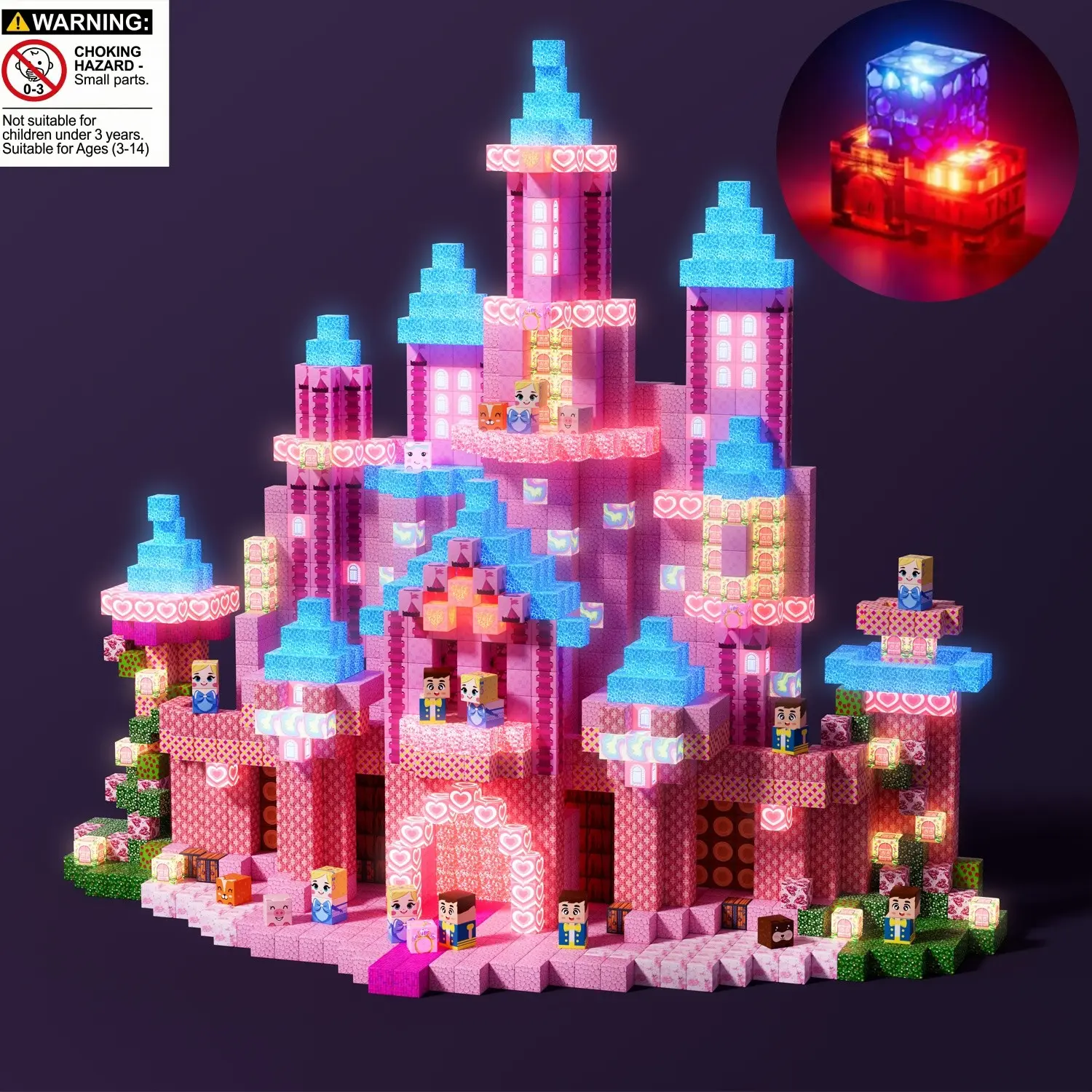 Magnetic Building Blocks, Magnetic Tile Set, Creative Play, Pink Princess Castle with LED Lights, Light Up Magnet Cubes, STEM Montessori Children Sensory Toys, 3+ Years Boys Girls, Safe Creativity Kids Toys for Christmas Birthday Gift