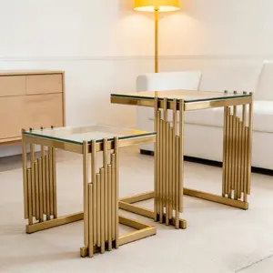 2 Pieces Luxury Nesting Table for Living Room Modern Rectangle Table set 2 with Clear Tempered Glass Top and Gold Stainless Steel Frame Easy to Assemble and Clean with C-shape Suit for Couch Sofa
