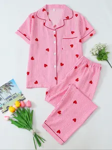 Women's Two-Piece Pajama Set, Casual Comfortable Lapel Pocket Shirt Short Sleeve + Elastic Waist Home Pants, All-Season Sleepwear Loungewear