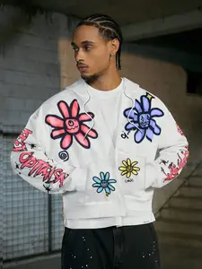 Men's Floral Print Graphic Zipper Hoodie, Casual Street Style Fitted Long Sleeve Sweatshirt, Comfortable Spring & Fall Fashion, Daily Wear, Graphic Sweatshirts, Casual Streetwear Sweatshirt