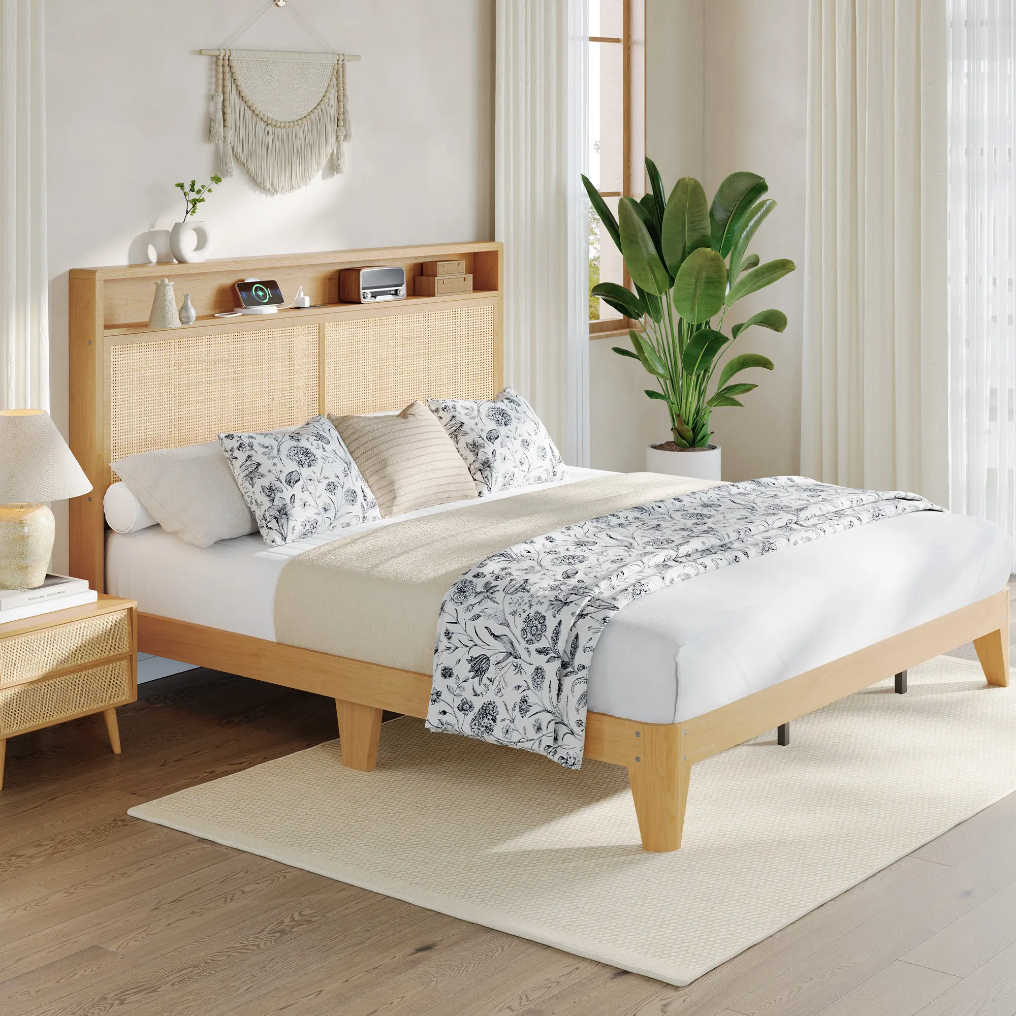 Boho King Size Rattan Bed Frame with Woven Headboard LED Light Charging Station Sturdy Slats Support No Box Spring Needed