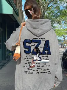 【Plus Size】Letter Print Drawstring Hoodie, Casual Long Sleeve Hooded Sweatshirt for Fall & Winter, Women's Plus Clothing for Daily Wear