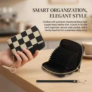 Women’s minimalist checkered coin purse/card holder with multiple slots for bank cards and small items, featuring a delicate gold charm; ideal for Mother’s Day—a small gift and handy everyday accessory.