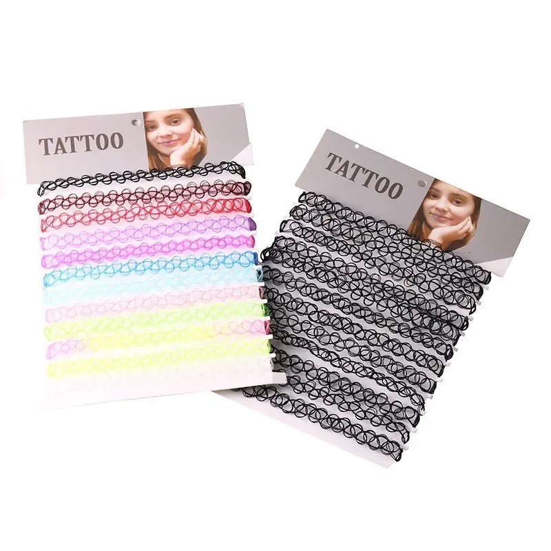 LUX-JEWEL - 12pcs Vintage Tattoo Collares Necklace Set For Women Girls Elastic Clavicle Chain Colorful Punk Gothic Stretch Choker Lace