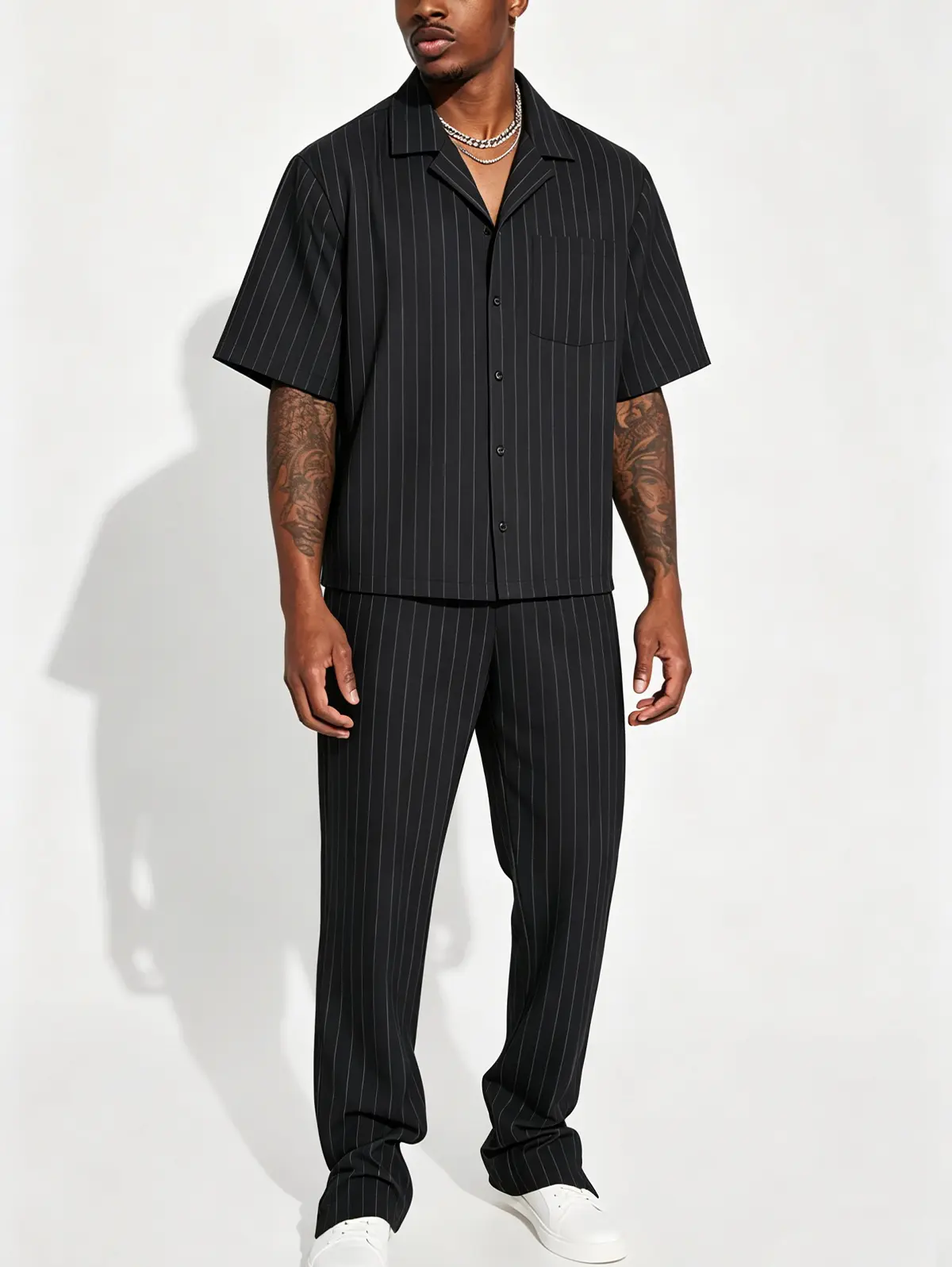 Men's 2-Piece Pinstripe black Set | Effortless Old Money Aesthetic | Summer Camp Collar Shirt & Drawstring Pants Outfit