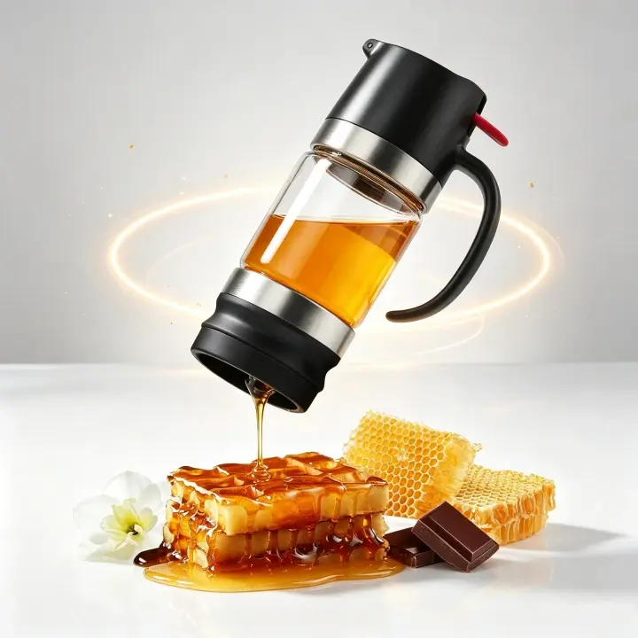 New 10 fl oz No-Drip Borosilicate Glass Honey Dispenser with Silicone Spatula Stirrer, Food-Safe Handle & 1-Hand Press Jar, Kitchen Seasoning Dispenser for Maple Syrup, Coffee Syrup