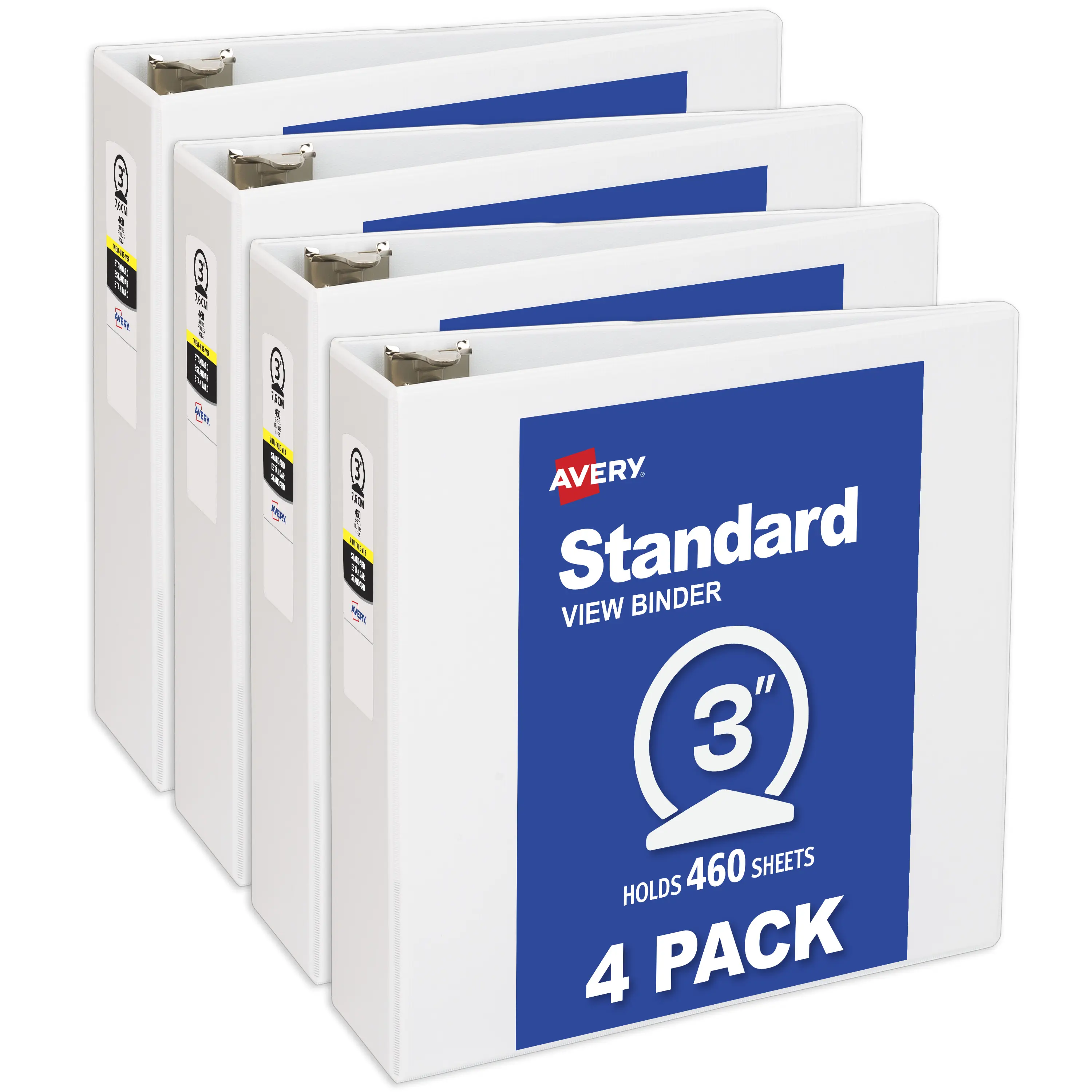 Avery® Standard View 3-Ring Document Organizer Binders, 3-inch Round Back-Rings, 460-Sheet Capacity, 3.5-inch Wide Spine, Deep-Textured Material, 4 White Nonstick PVC-Free Office Binders (03360)