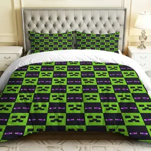 3PCS Duvet Cover Set, 1 Duvet+2 Pillowcases(Without filler), Green Black Pixel Gamer Adventure theme, Halloween bedding set, Gaming Pattern Comfortable Microfiber Suitable for decoration Bedroom Dorm Game Room Studio.