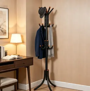 1-Piece Freestanding Metal Coat Rack, 3-Tier Multi-Hook Standing Coat Tree with Stable Triangular Base, Black & White Floor Clothes Hanger for Entryway, Bedroom, Office and Small Spaces