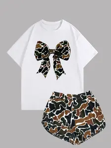 Two-Piece Set Women's Camo Print Bow Tee & Shorts Set, Casual Short Sleeve Jersey T-shirt & Shorts, Ladies Summer Clothes, Womenswear